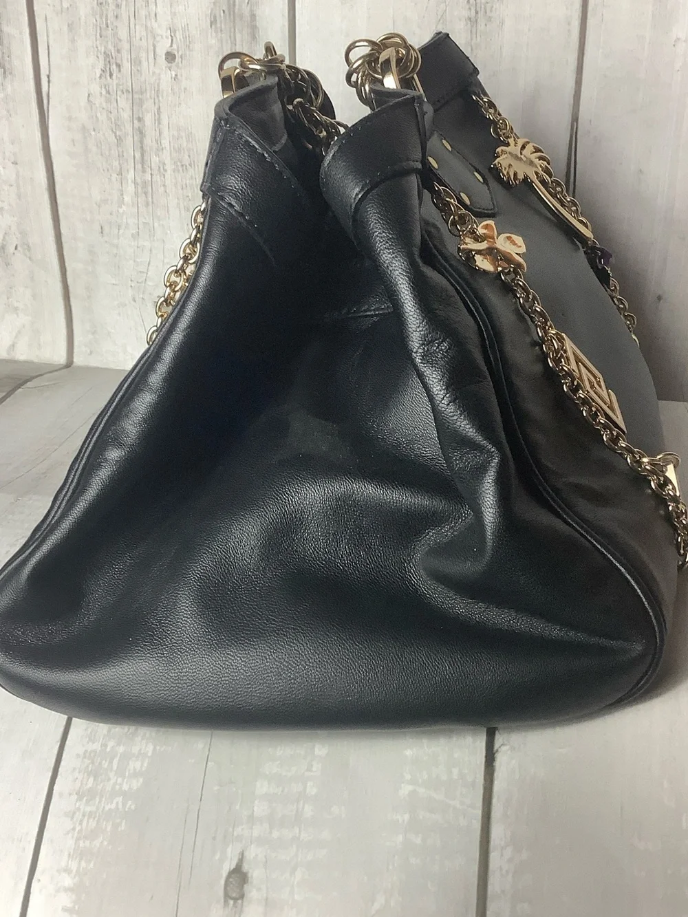 Versace for H&M Black Leather Shoulder Bag with Gold Chain and Charm Accents